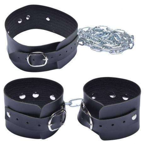 Coleira para BDSM e tornozeleira ajustáveis e interligadas por corrente de metal