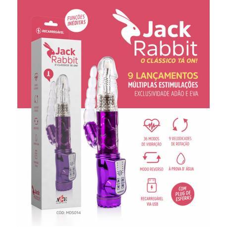 Vibrador Clássico Jack Rabbit Rotativo e Plug Anal RECARREGÁVEL 36 modos de Vibração
