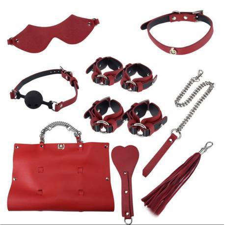 KIT Bondage Sado Fetiche com 8 peças em Couro Sintético Vermelho - BDSM Bondage Kits